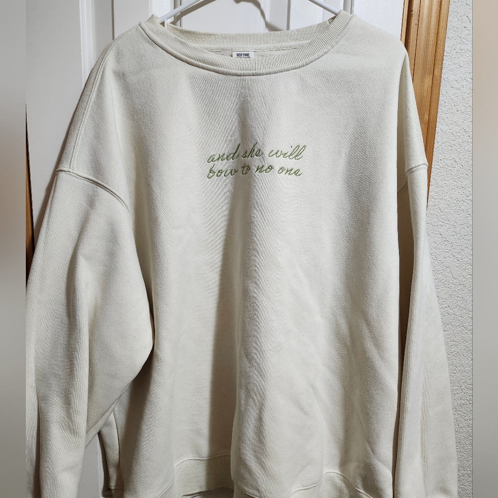 Cream Sweatshirt with Green Embroidery